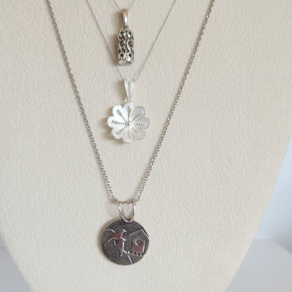 Flowers and Birdhouse Pendants with one Stainless Steel Chain